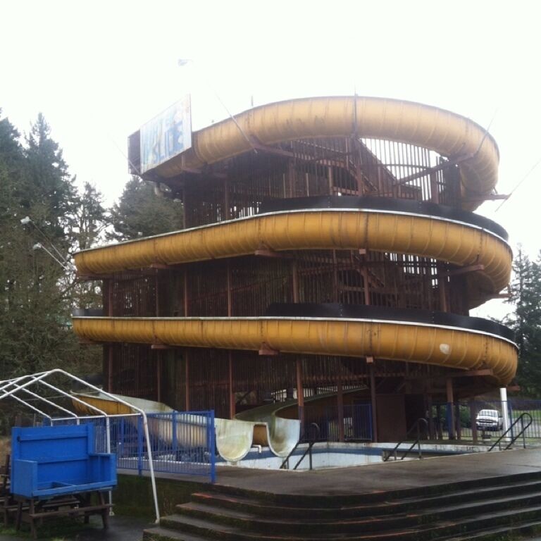 Bizarre, abandoned amusement park next to Enchanted Forest which is now a ramshackle RV parking spot.