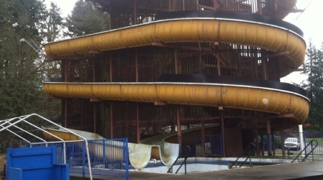 Bizarre, abandoned amusement park next to Enchanted Forest which is now a ramshackle RV parking spot.