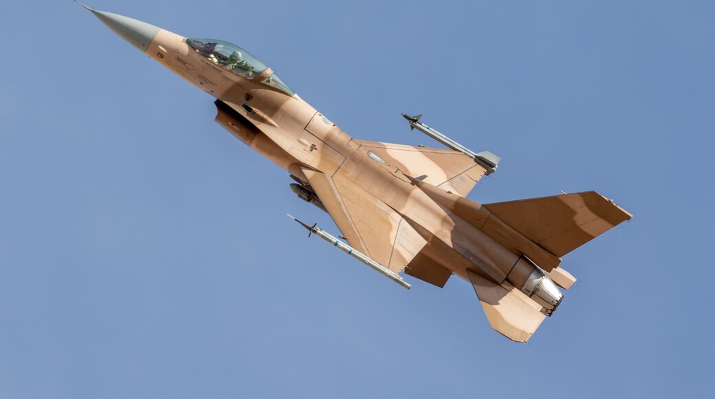 F16 fighter jet. F-16 Fighting Falcon jet. Dessert camouflaged Fighter Jet. Israeli, IDF, USAF