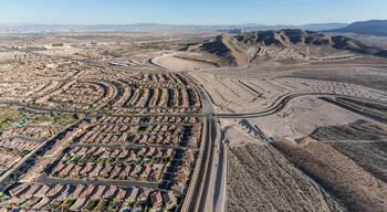 Aerial view of the expanding western edge of Las Vegas near Red Rock National Conservation Area.