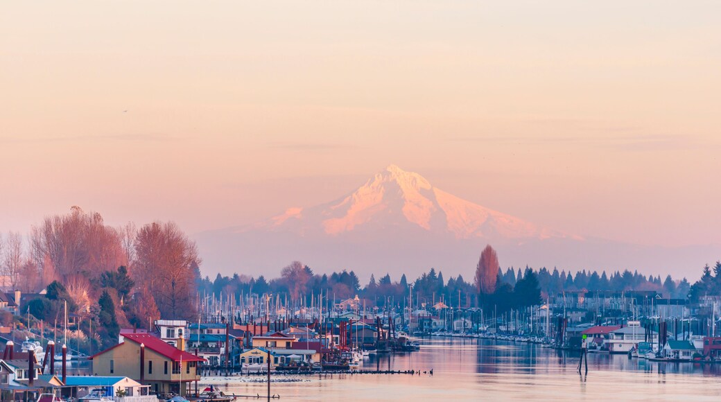 Evening view of the Columbia River with floating houses and boats and yachts moored at the berths on the background of the mountain Mount Hood