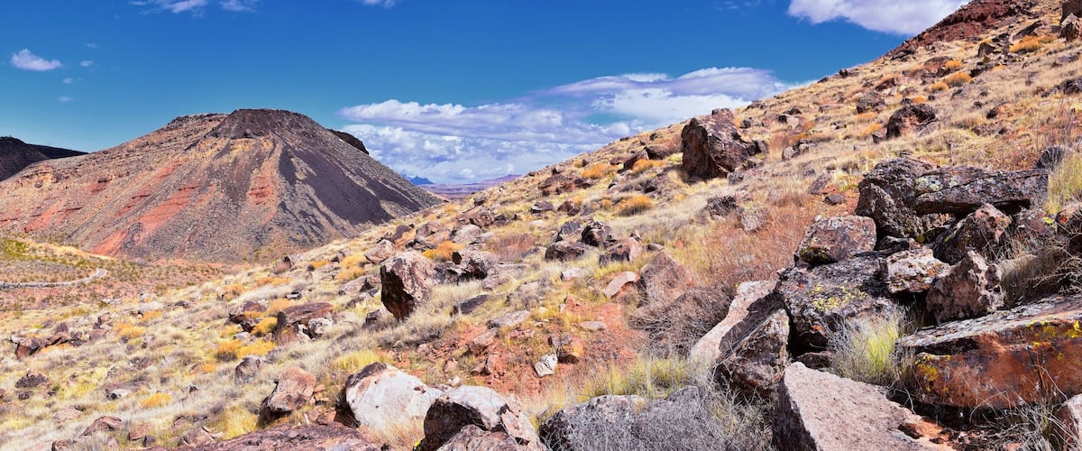 Shinob Kibe hiking trail views, mesa overlooking Washington City by St George in southwest Utah. Sacred peaks of the southern Paiute tribe. Western United States.