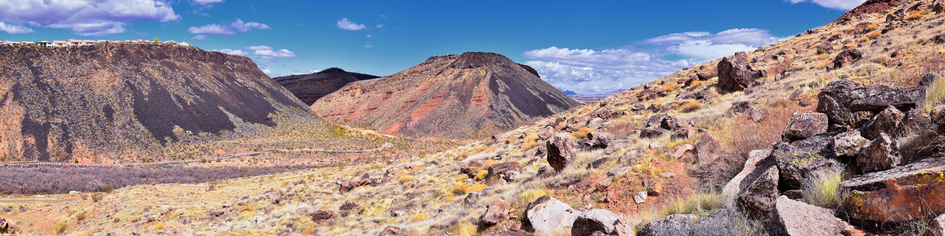 Shinob Kibe hiking trail views, mesa overlooking Washington City by St George in southwest Utah. Sacred peaks of the southern Paiute tribe. Western United States.