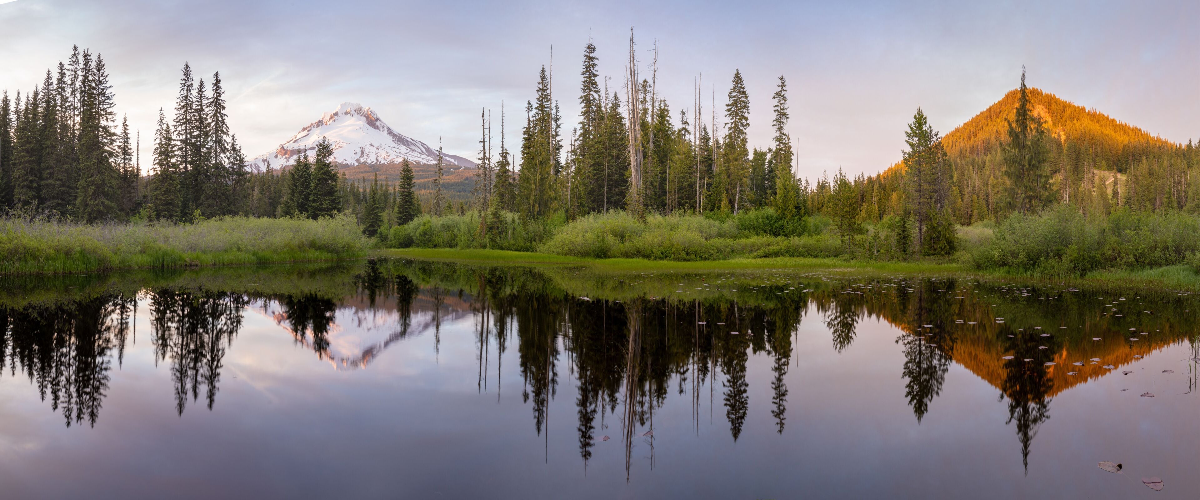 Mount Hood volcano reflected in a small lake near Government Camp village at sunset. Oregon, USA.
Popular tourist and skiing area. Summer season.
