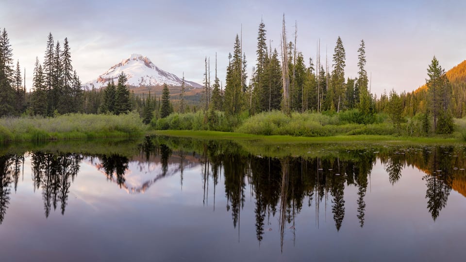 A mountain range with a snow-capped peak, a forested area, and a calm lake reflecting the scenery.