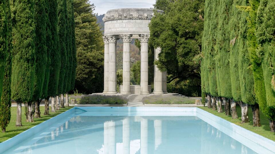Pulgas Water Temple with Reflecting Pool and Cypress Trees. Woodside, San Mateo County, California, USA.