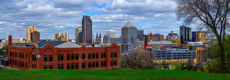 Saint Paul City Financial District Skyline, Downtown Buildings, and Dramatic Cloudscape Panorama in Minnesota, USA