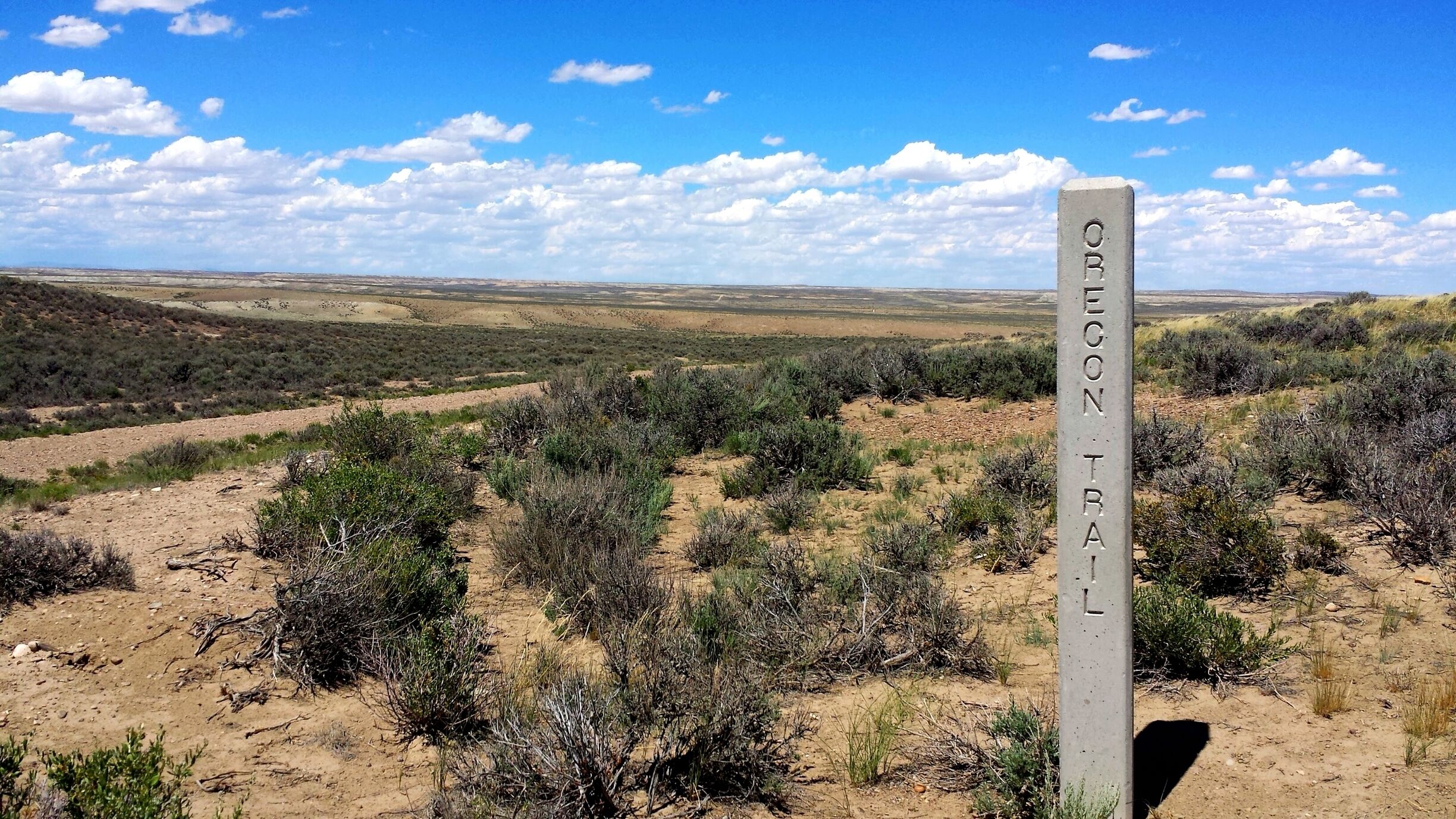 A sign reading "OREGON TRAIL" in a desert landscape with sparse vegetation and a clear sky.