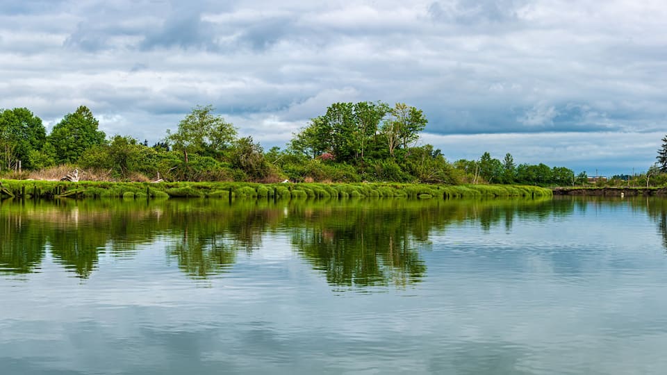 Panorama of a Stormy Morning on the Snohomish River in Springtime near Ferry Baker Island