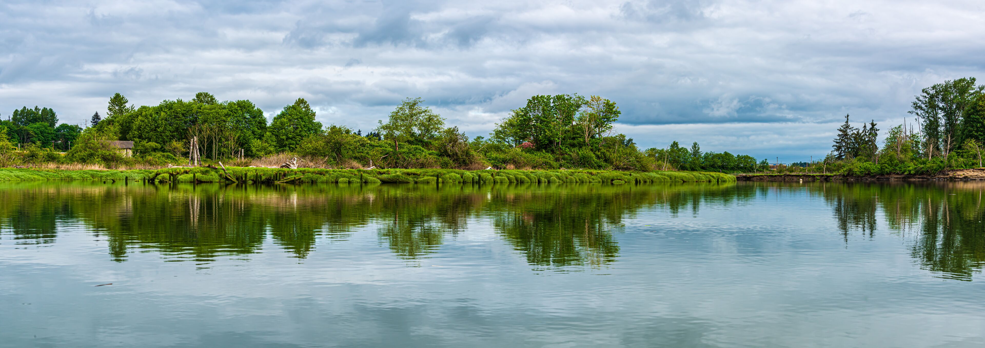 A calm river reflecting trees and a cloudy sky.