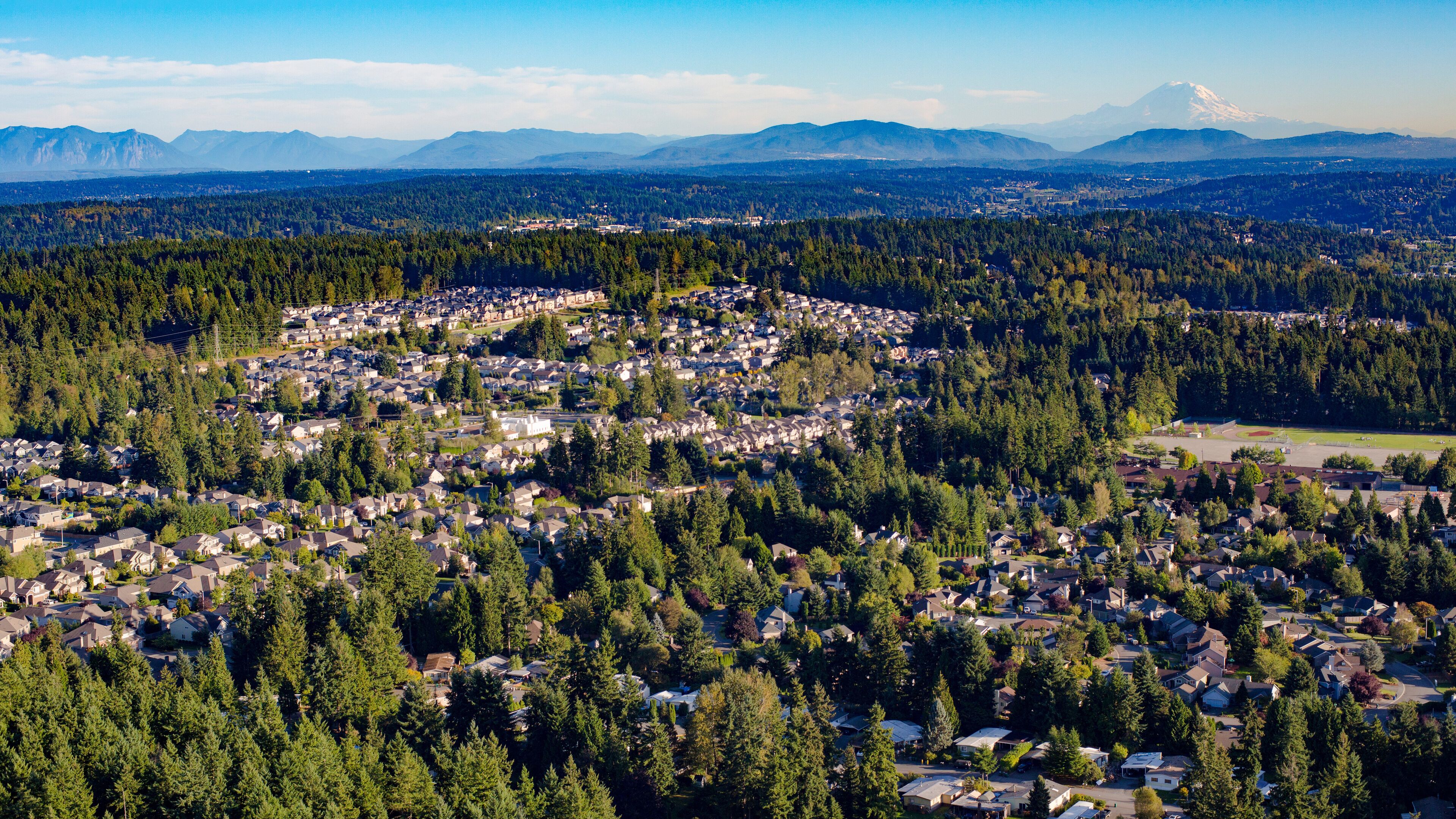 Bothell Mill Creek, Washington Suburban Forest Aerial - Mount Rainier and Cascade Mountains Backdrop