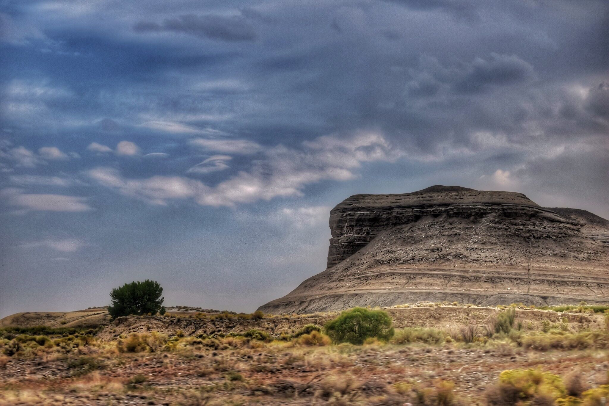 A large rock formation with a solitary tree in a desert landscape.