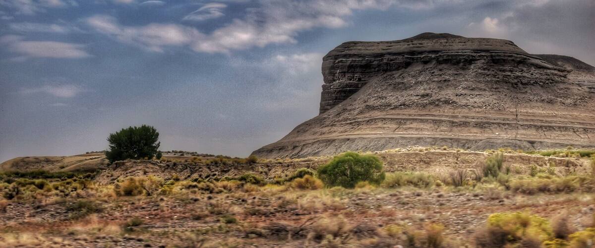 A large rock formation with a solitary tree in a desert landscape.