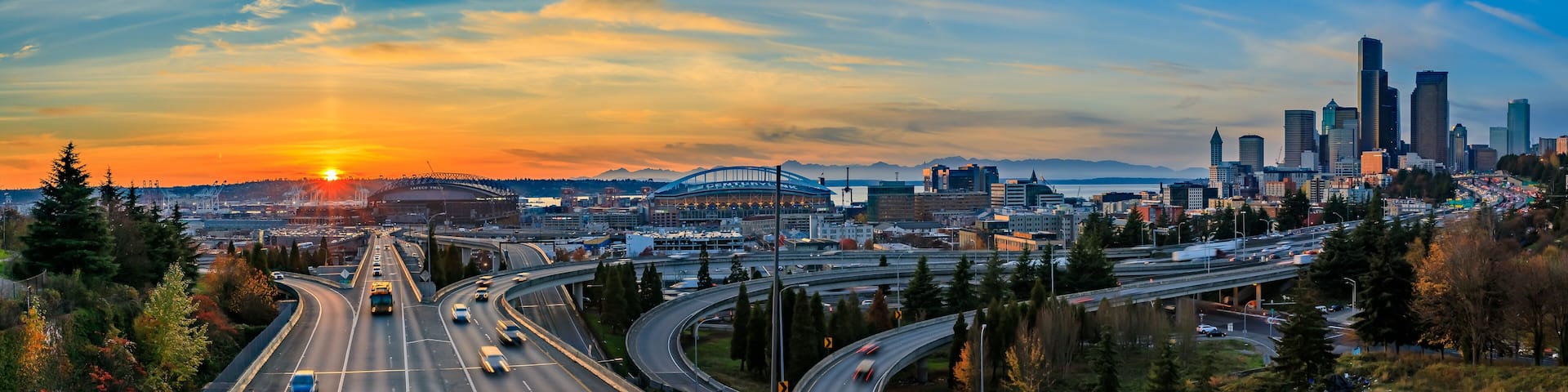 Seattle downtown skyline sunset from Dr. Jose Rizal or 12th Avenue South Bridge