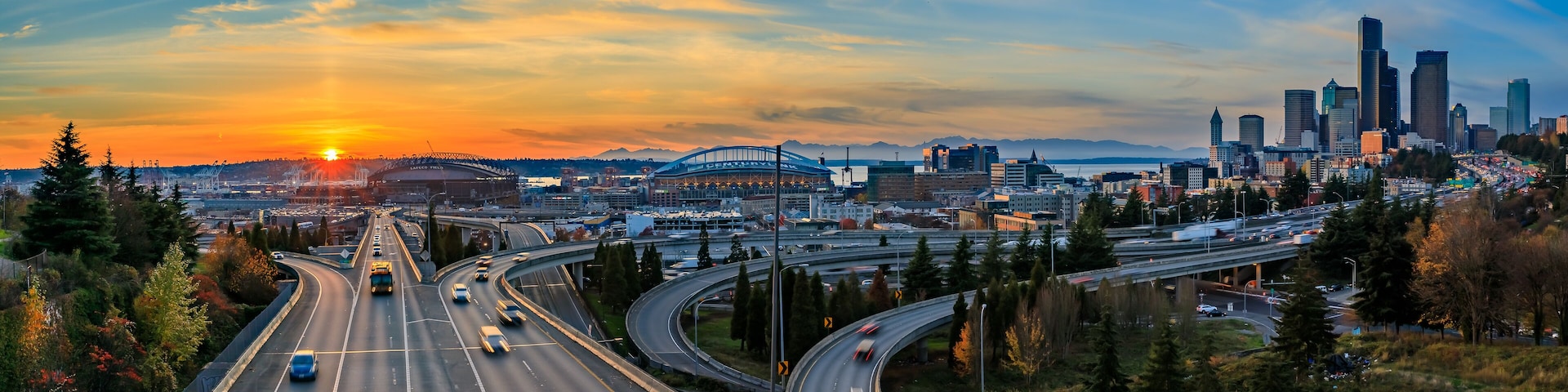 Seattle downtown skyline sunset from Dr. Jose Rizal or 12th Avenue South Bridge