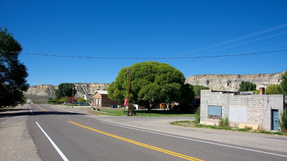 A two-lane road with a large tree in the center, buildings on the right, and a rocky cliff in the background.