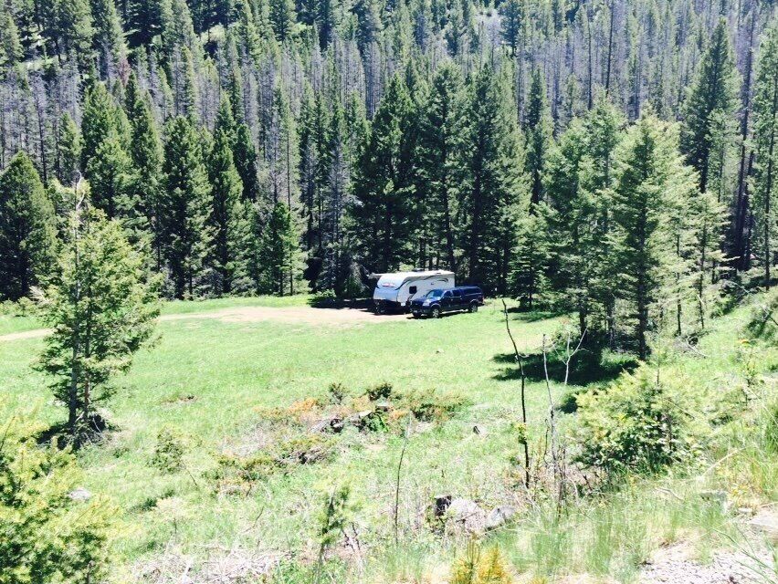 A camping site with a trailer in a forested area.
