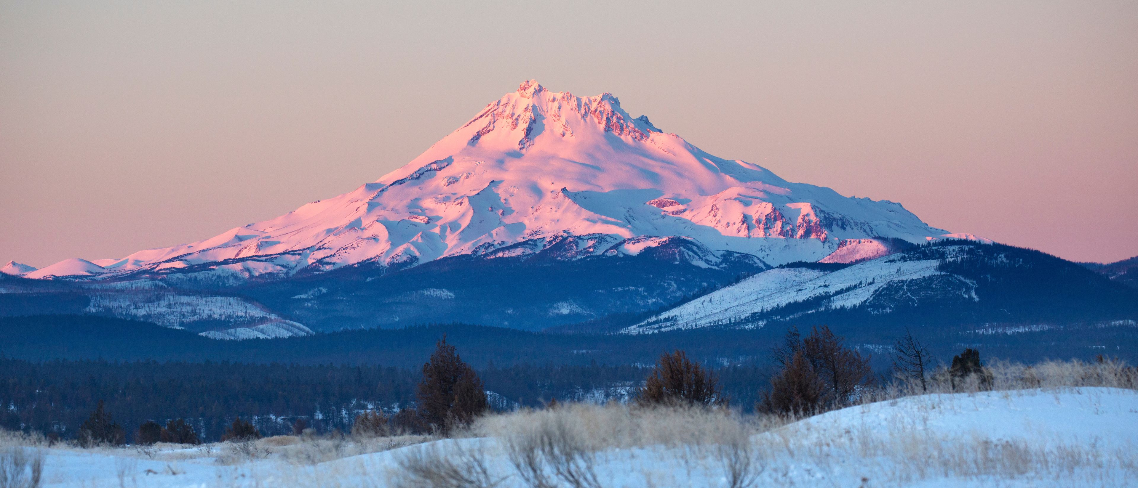 A snow-covered mountain peak with a forested valley in the foreground.