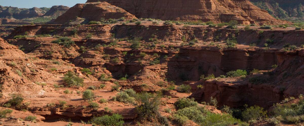 A rugged desert landscape with prominent red rock formations and sparse green vegetation.