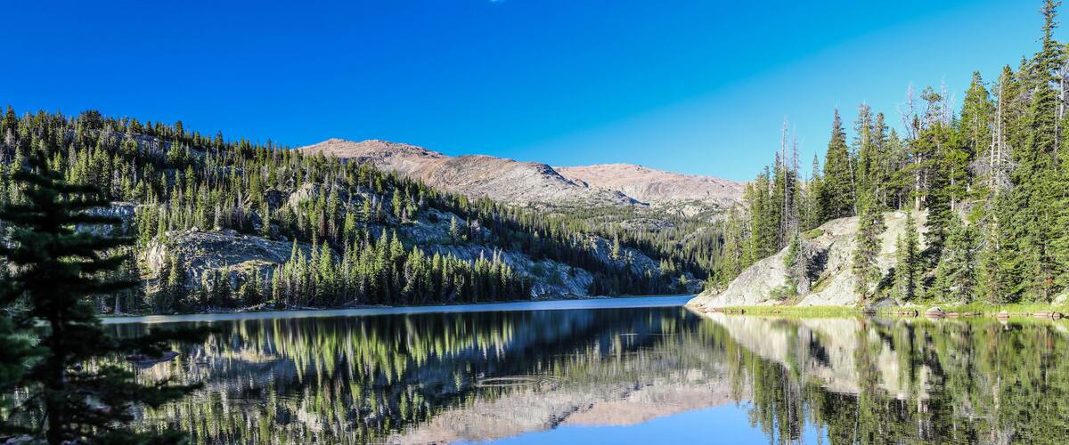 A calm lake surrounded by dense forests and mountains under a clear blue sky.