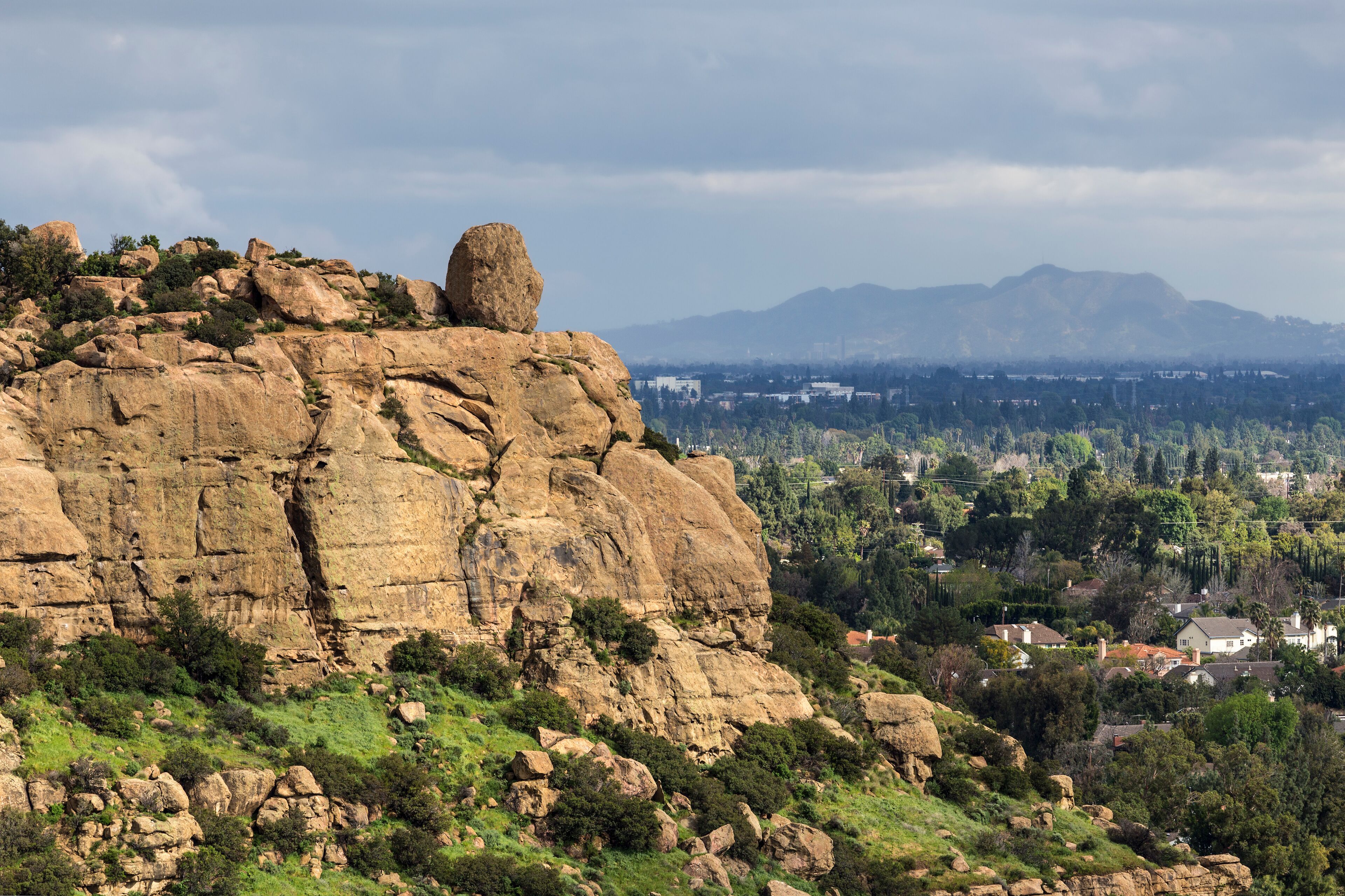 Scenic view of Stoney Point with the San Fernando Valley and Griffith Park in background.  The popular rock climbing park is near Topanga Canyon Road in Los Angeles, California.