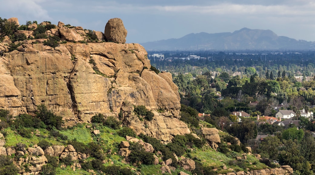 Scenic view of Stoney Point with the San Fernando Valley and Griffith Park in background. The popular rock climbing park is near Topanga Canyon Road in Los Angeles, California.