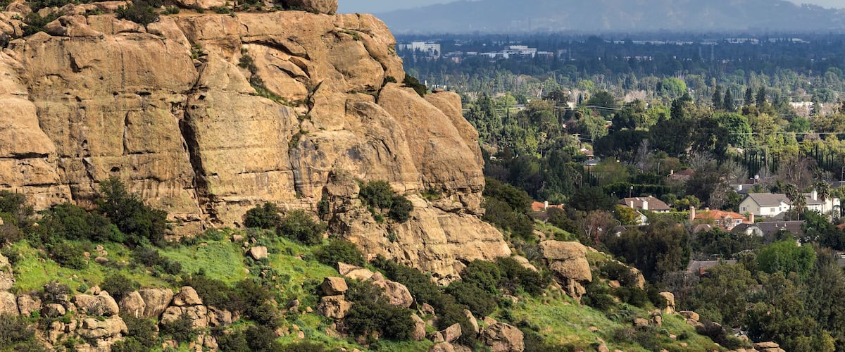 Scenic view of Stoney Point with the San Fernando Valley and Griffith Park in background. The popular rock climbing park is near Topanga Canyon Road in Los Angeles, California.