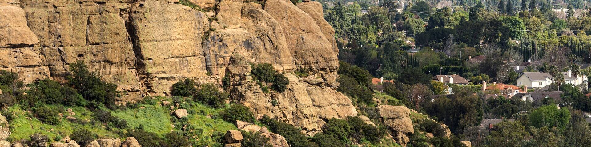 Scenic view of Stoney Point with the San Fernando Valley and Griffith Park in background. The popular rock climbing park is near Topanga Canyon Road in Los Angeles, California.