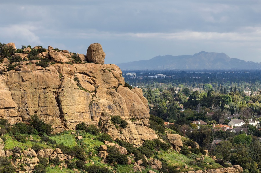 Scenic view of Stoney Point with the San Fernando Valley and Griffith Park in background. The popular rock climbing park is near Topanga Canyon Road in Los Angeles, California.