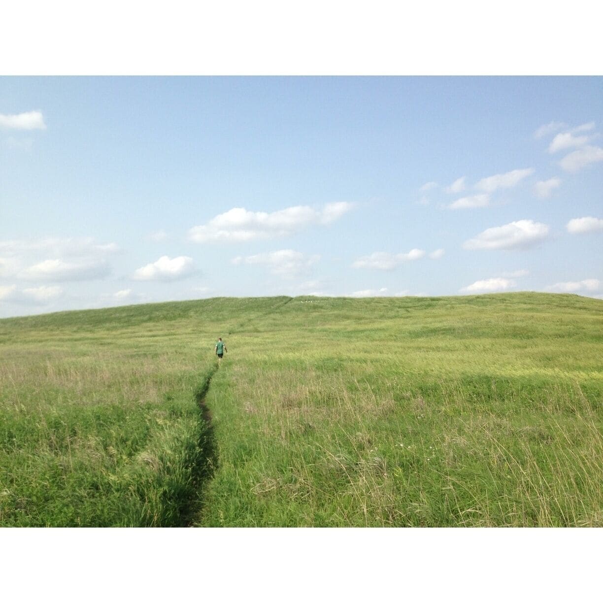 A grassy hill with a person walking down a path.