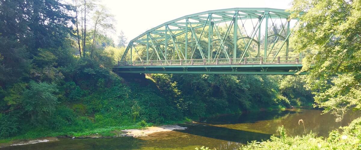 A green metal bridge over a river surrounded by lush greenery.