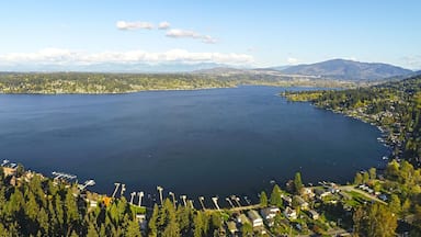 Um lago extenso rodeado por florestas densas e montanhas ao fundo.