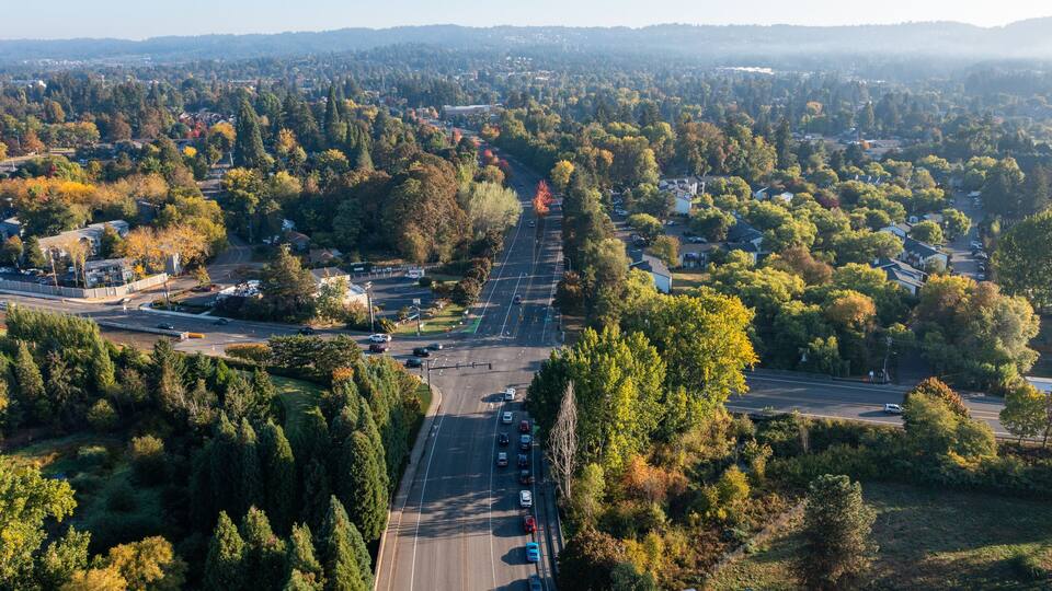 Ein Luftbild eines Vororts mit einer Hauptstraße, umgeben von Bäumen und Wohnhäusern.