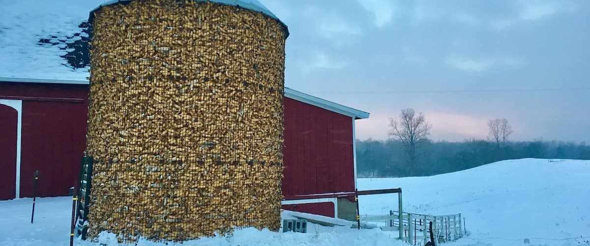 A silo wrapped in hay bales, a red barn, and a snowy landscape.