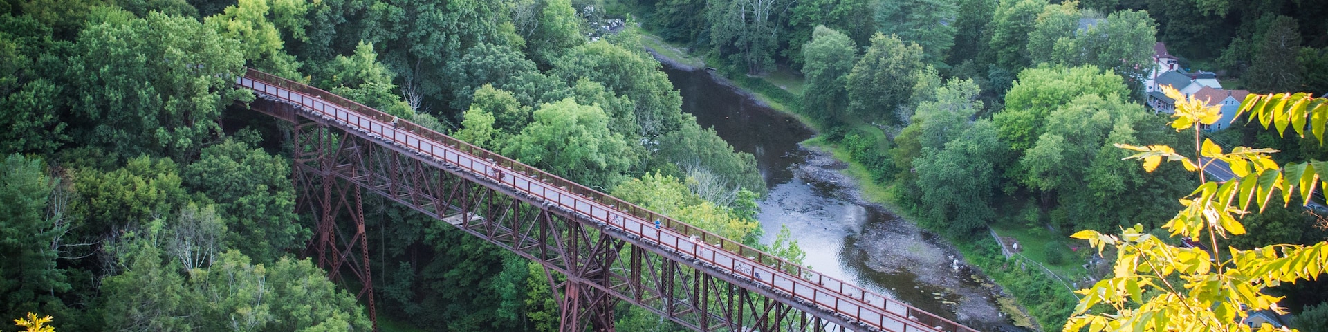 Eine Stahlbrücke überspannt ein Fluss in einem bewaldeten Tal.