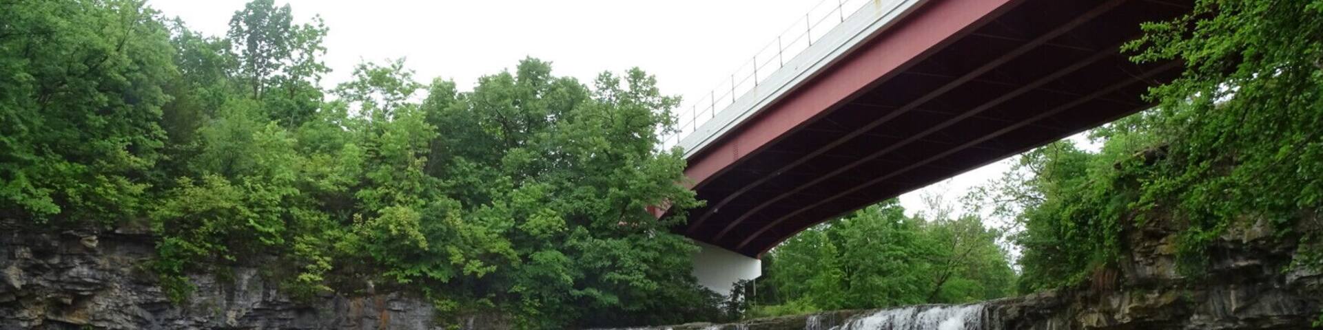 A waterfall under a bridge with lush greenery around.