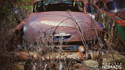 A old American classic car graveyard just off Highway 36 near 8110-8130 W 800 S, Modoc, IN 47358