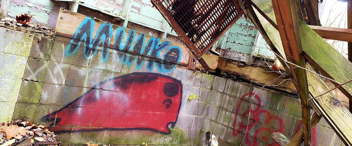 A dilapidated building with graffiti, including a large red face and the word "AMINO" in blue.
