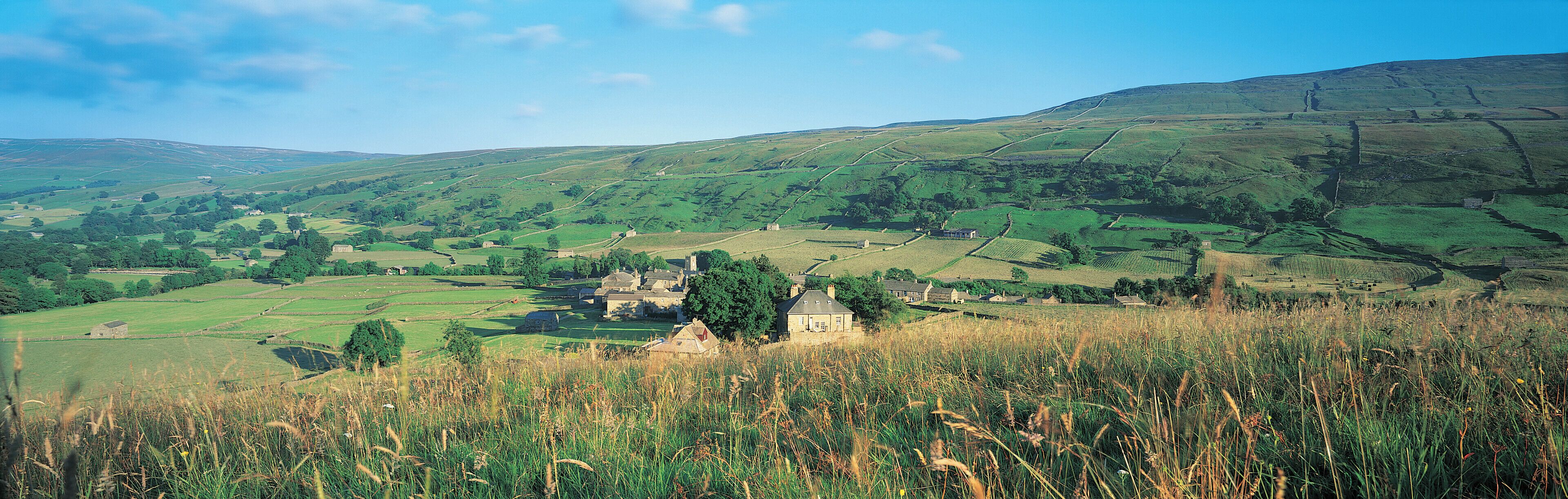 Rolling hills, a small stone house, and a distant castle.