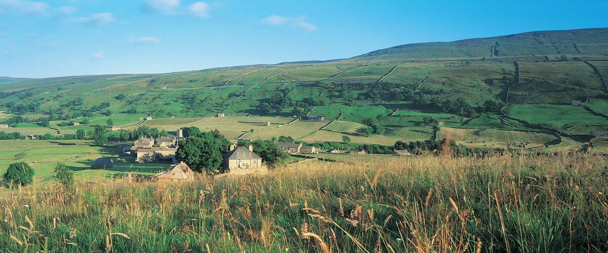 Rolling hills, a small stone house, and a distant castle.