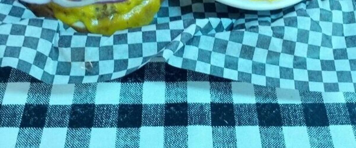 A burger with a bun, cheese, and onions, and a bowl of macaroni and cheese on a checkered tablecloth.