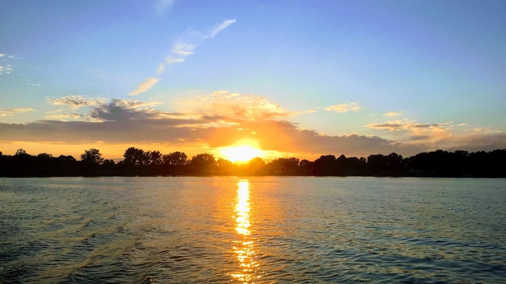 Ein Sonnenuntergang über einem stillen See mit Baumsilhouette und klarem Himmel.