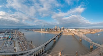 Drone panorama over St. Louis skyline and Mississippi River with Gateway Arch during daytime