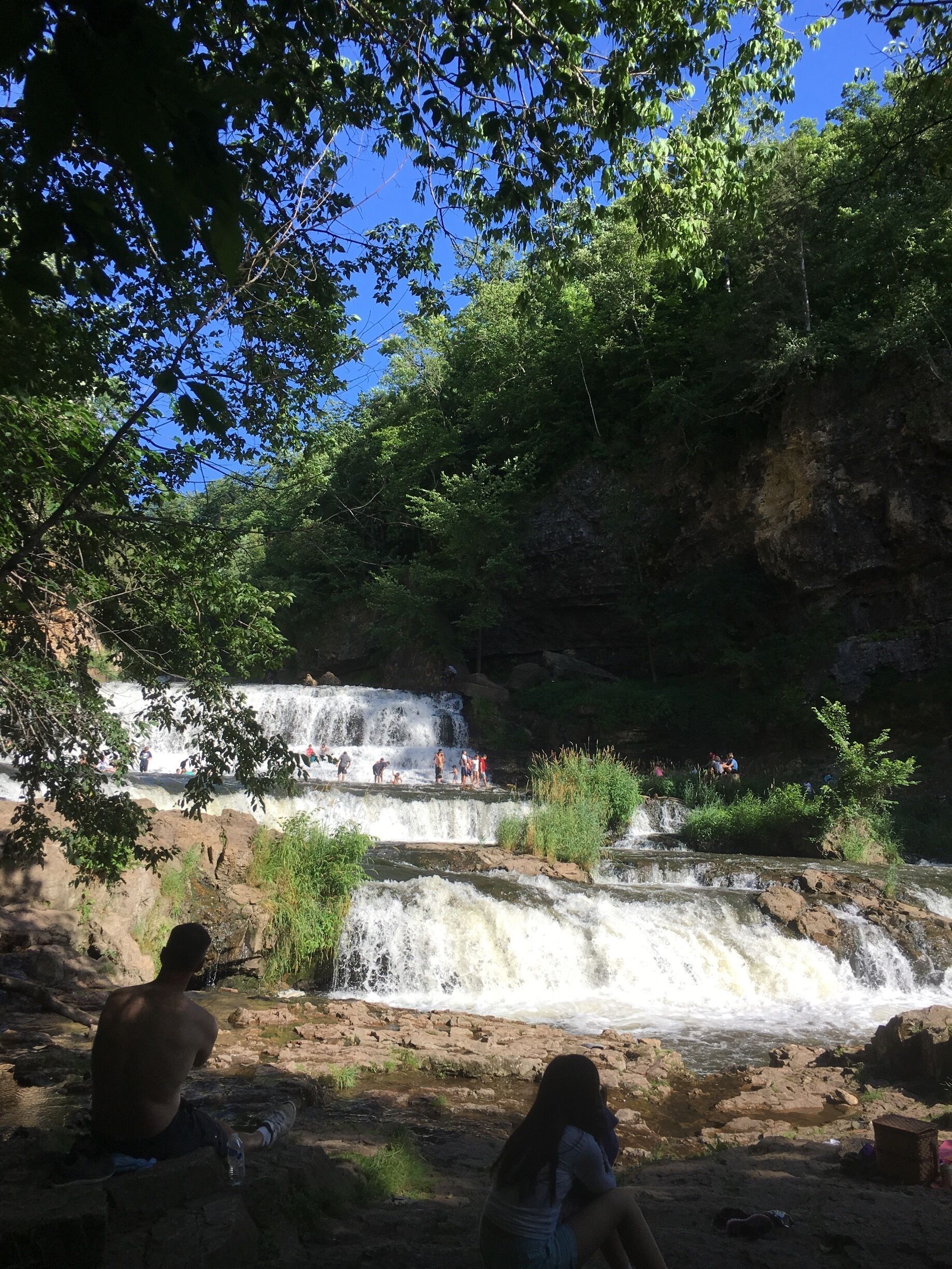 A waterfall surrounded by greenery and rocks.