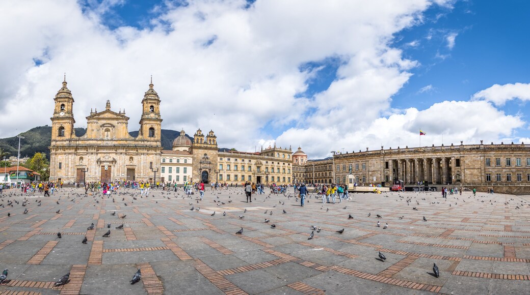 Panoramic view of Bolivar Square with Cathedral and Colombian National Capitol and Congress - Bogota, Colombia