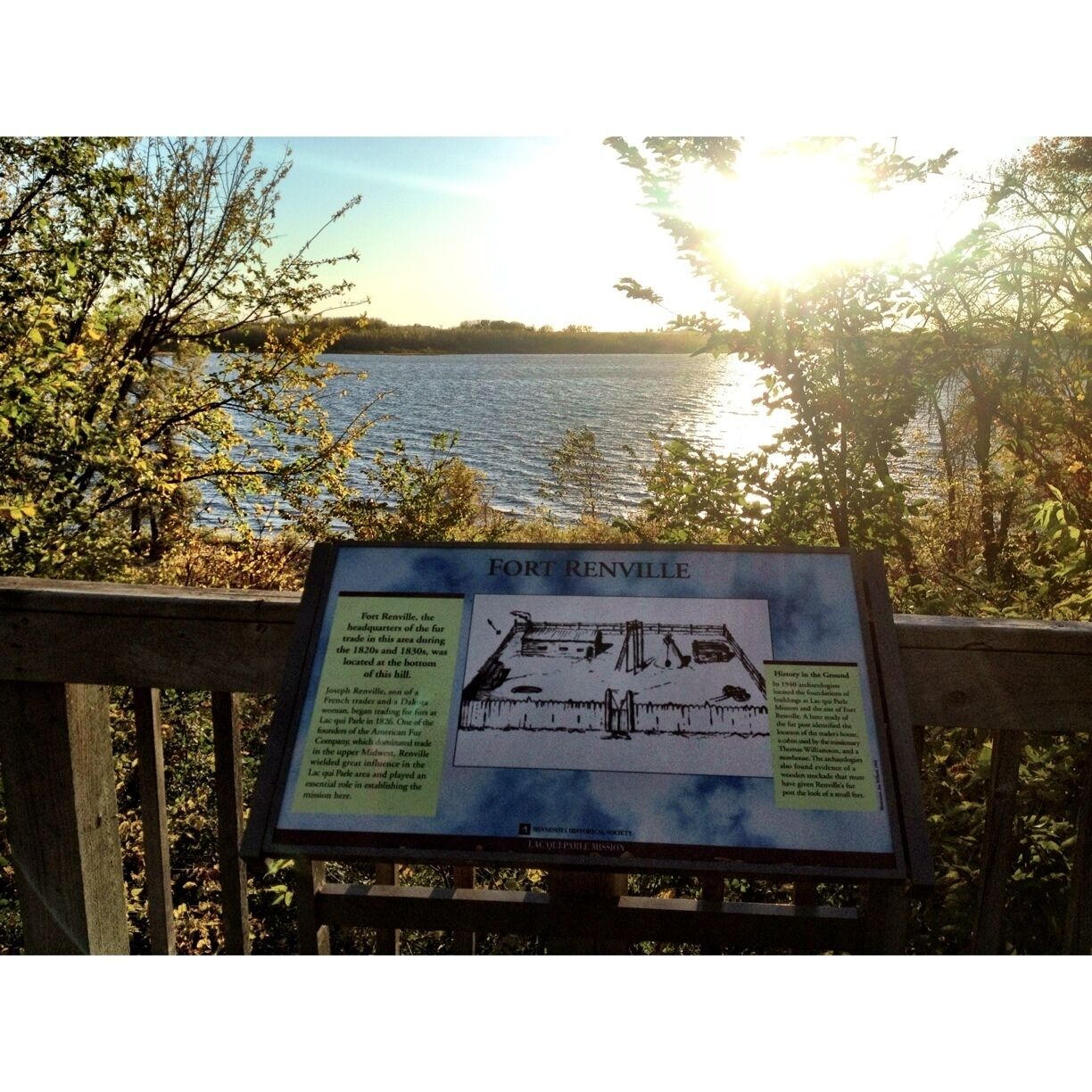 A historical marker titled 'Fort Renville' with a detailed illustration and text about its history.