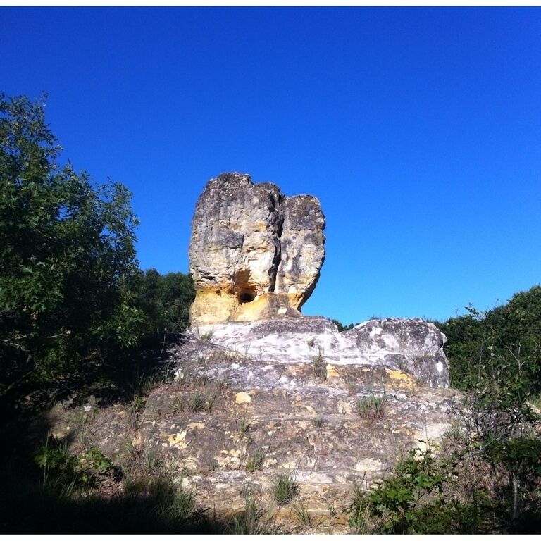 A large rock formation with a cave-like opening, surrounded by trees and vegetation.