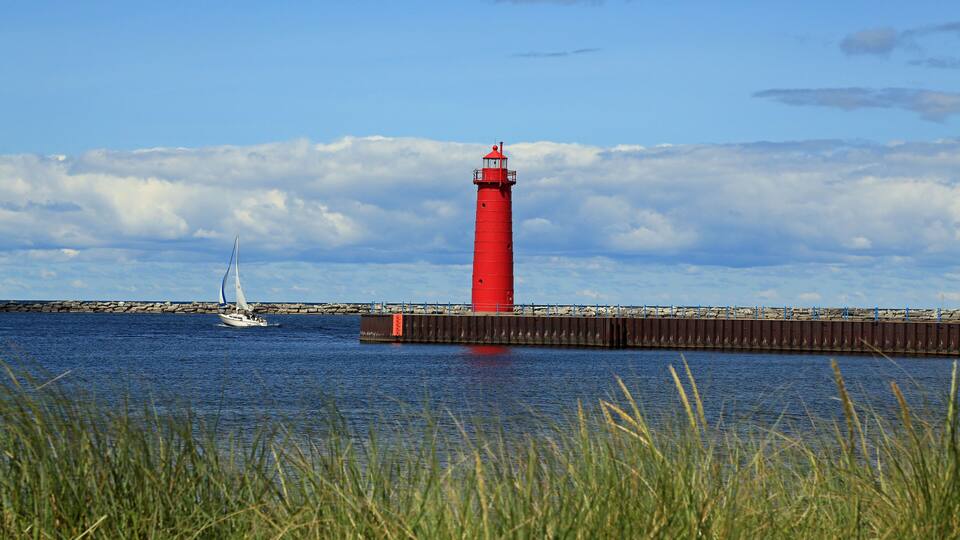 Red lighthouse in Muskegon, Michigan, USA