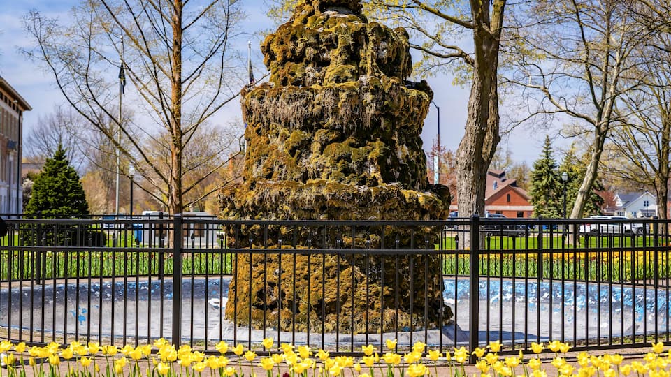 A moss-covered rock sculpture surrounded by a black metal fence, with yellow and red tulips in the foreground.