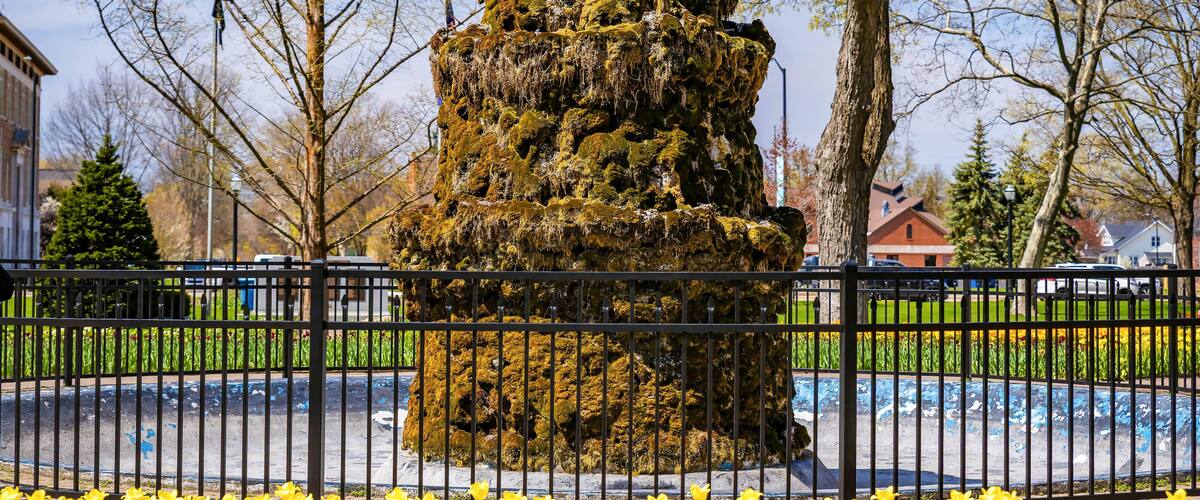 A moss-covered rock sculpture surrounded by a black metal fence, with yellow and red tulips in the foreground.